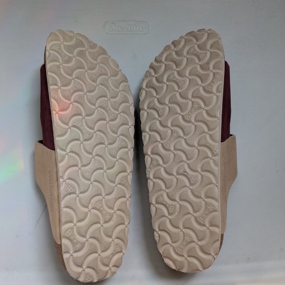 Birkenstock Two-Tone Adjustable Buckle Sandals in Burgundy and Beige - Picture 4 of 13